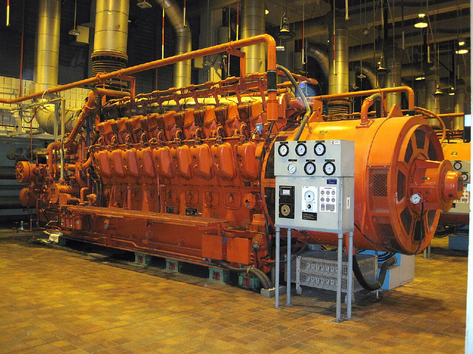 Large orange diesel generator with an instrument panel and overhead exhaust pipes inside Montreal's wastewater treatment plant